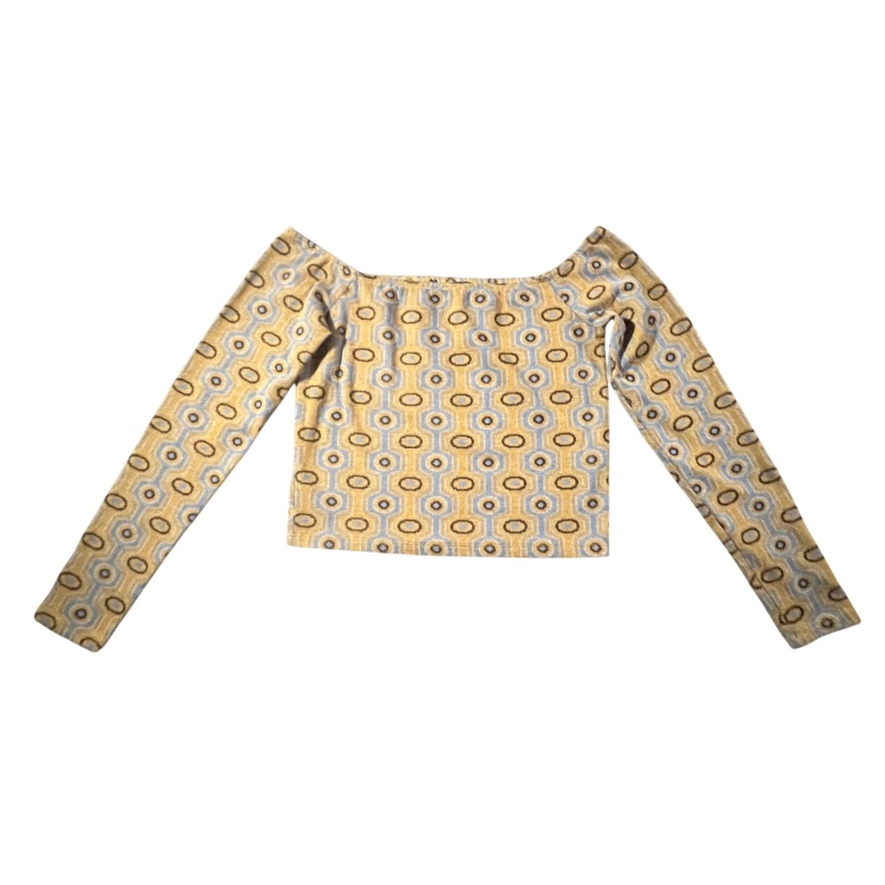 Zara Jacquard Off The Shoulder Top Womens Small 70's Retro Geometric Long Sleeve